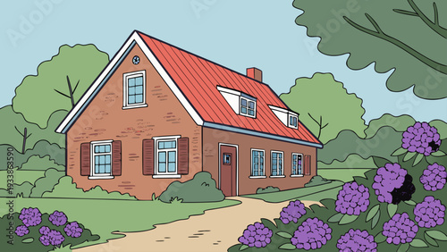A cartoon illustration of a cozy red brick house with a red roof