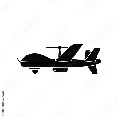 A black silhouette of a modern drone with visible propellers and body