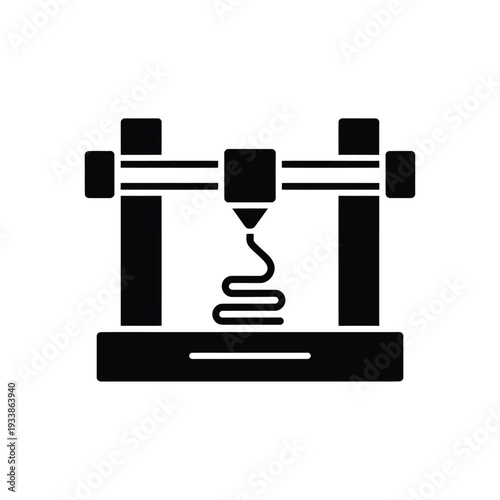 Simple black silhouette illustration of a 3d printer creating a spiral