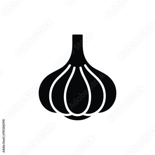 Simple black and white icon depicting a single bulb of garlic