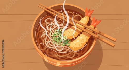 Steaming Soba Noodles with Shrimp Tempura and Chopsticks