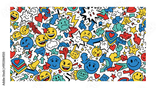 Colorful Expression: An explosion of vibrant icons and cheerful emojis populates a dynamic background, inviting the viewer into a visual celebration of sentiments.