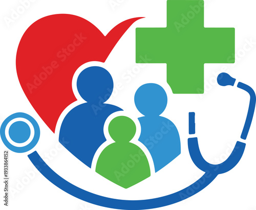 Family Health Care and Medical Insurance Concept Logo with Heart, Stethoscope, and Cross Symbol