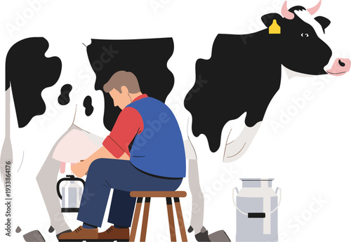 Farmer Milking Cow by Hand Traditional Dairy Farming Scene Rural Agriculture Vector Illustration