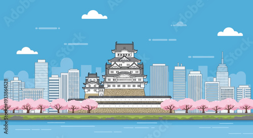 Himeji Castle Skyline with Cherry Blossoms and Modern City