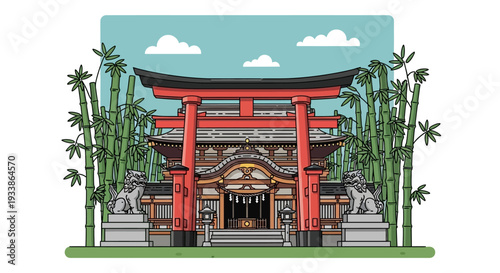 Japanese Shrine Torii Gate and Bamboo Forest Illustration