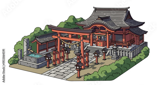 Japanese Shrine Torii Gate and Temple Building