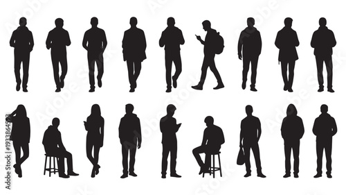 Silhouette of people in various poses in dark tone on white background for graphic design