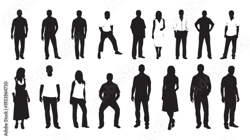 Diverse People Silhouettes in Various Poses on White Background for Graphic Design