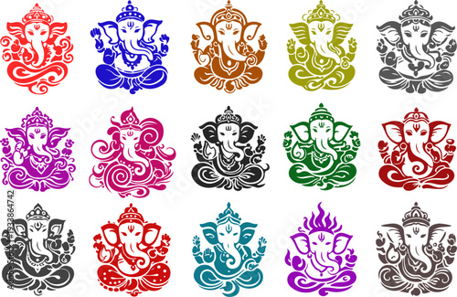 Collection of colorful Ganesha deity figures in artistic poses