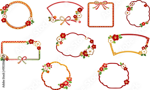 Collection of decorative frames with Japanese floral elements isolated on transparent background