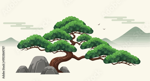 Traditional Pine Tree and Rocks Pixel Art