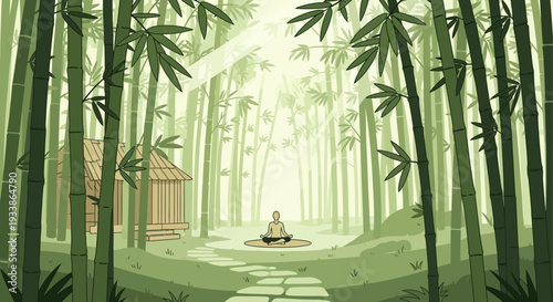 Zen Bamboo Forest Meditation Hut Serene Sunlight Rays