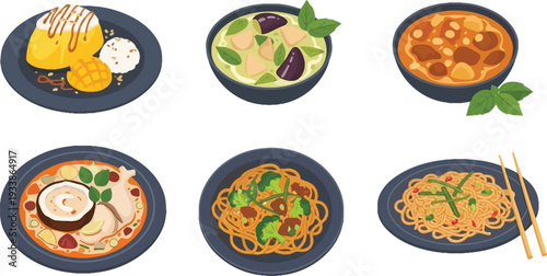 Assortment of asian food dishes including curry soup noodles and dessert served on transparent background vector illustration