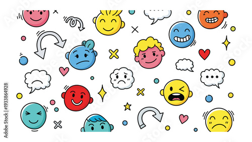 Emotional Spectrum: A vibrant collection of cartoon faces, each expressing a unique emotion, creating a visual symphony of feelings, and enhancing everyday experience.