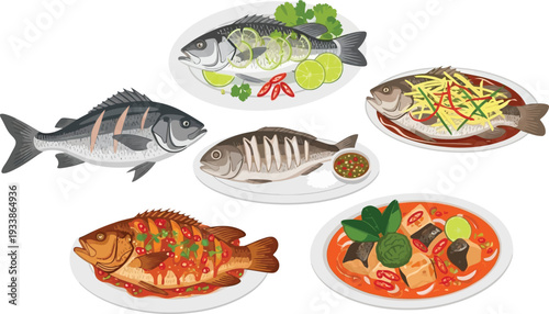 Asian style cooked fish dishes collection set with grilled fried and steamed recipes on plates isolated vector graphics