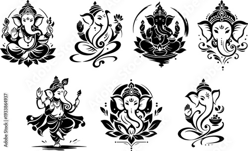 Collection of Seven Stylized Ganesha Illustrations Isolated on Transparent Background