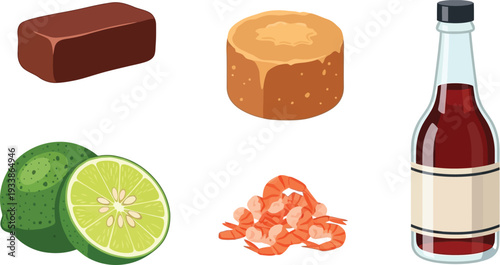 Baking and cooking ingredients set with chocolate bar and palm sugar plus fresh lime and dried shrimp with fish sauce