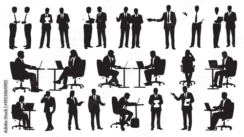 Silhouettes of musicians in various poses with instruments in black and white for music industry