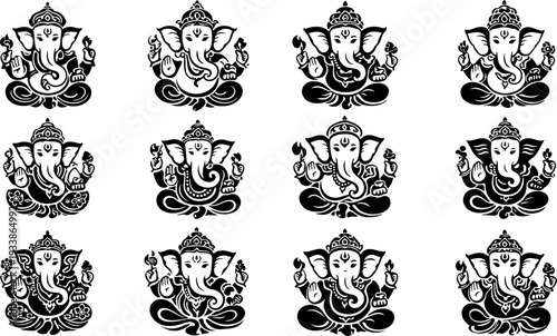 Collection of twelve artistic depictions of Lord Ganesha in black and white