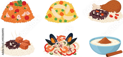 Cuban traditional cuisine with six colorful dishes and ingredients including rice meat vegetables and seafood