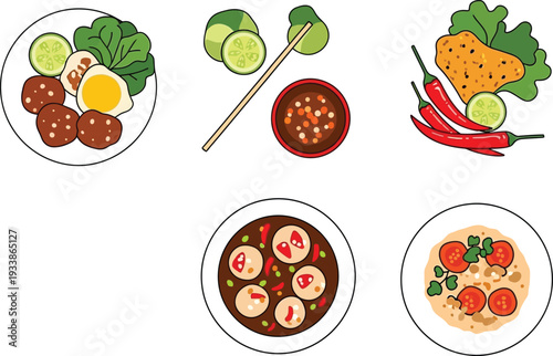 Indonesian street food collection featuring bakso meatballs and spicy sambal sauce with fresh vegetables on white plates