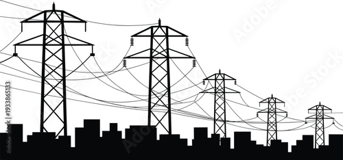 Black silhouette of high voltage power lines transmission towers pylons with cables over city buildings industrial urban energy skyline isolated vector