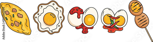 Hand drawn cartoon style illustrations of fried eggs boiled eggs and meat skewers