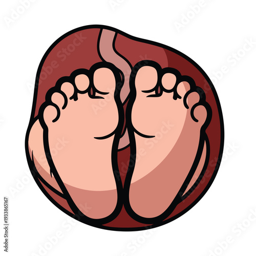 A pair of bare feet resting on a circular red surface illustration viewed from directly above