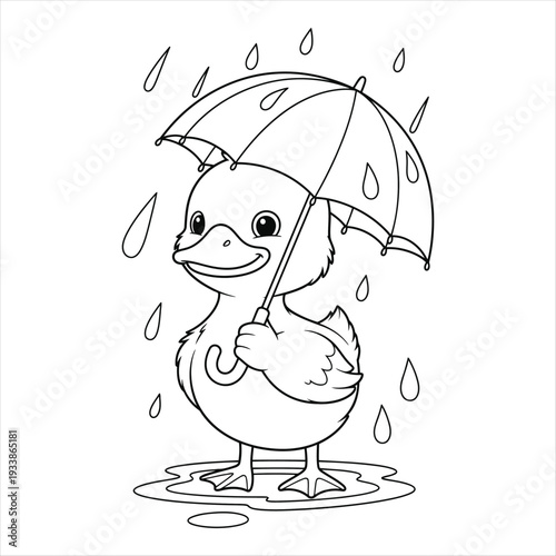 Smiling duck holding umbrella standing in puddle on rainy day outdoors. Animal Coloring Book Design