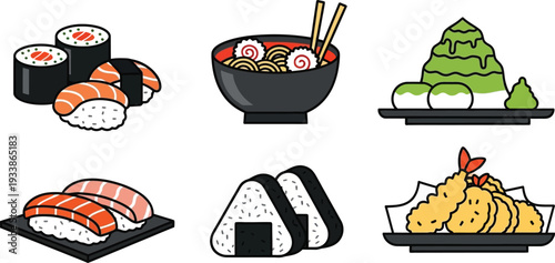 Japanese food selection of sushi, nigiri, onigiri, ramen and tempura with green tea dessert