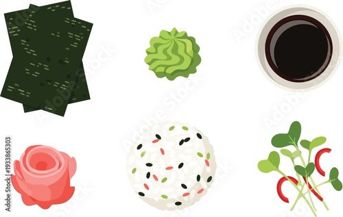 Japanese sushi ingredients set with nori seaweed wasabi pickled ginger rice and microgreens soy sauce