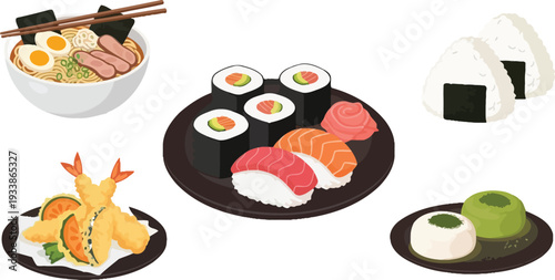 Japanese restaurant menu set including ramen bowl sushi rolls nigiri tempura onigiri and mochi desserts for asian dining