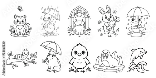 Cute cartoon animals in various scenes with umbrellas and outdoors  farm and sea creatures with butterfly and caterpillar. Animal Coloring Book Design