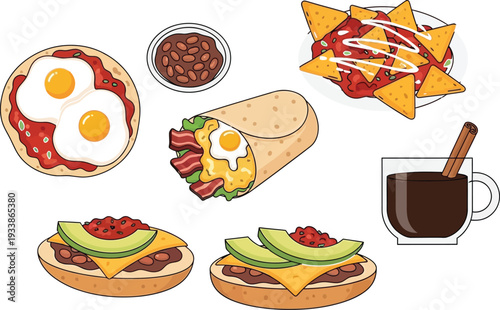 Mexican breakfast and snack set with nachos burrito huevos rancheros beans and cinnamon coffee on transparent background