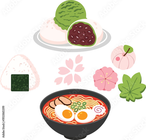 Japanese traditional food and desserts collection including mochi onigiri ramen and cherry blossom motifs