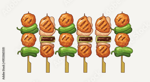 Skewers of Grilled Meatballs and Peppers