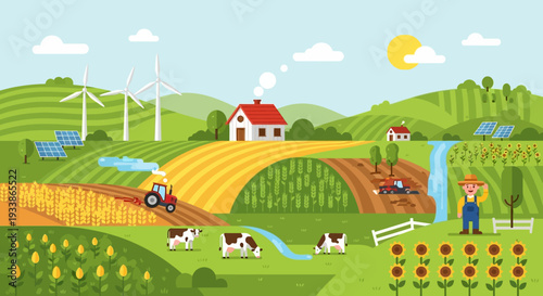 Sustainable farm landscape with renewable energy and agriculture
