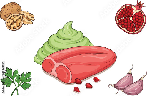 Raw meat steak with green sauce and garnish ingredients including pomegranate walnut garlic and parsley vector artwork