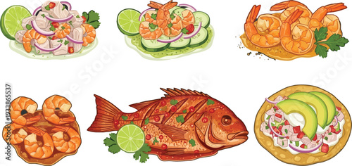 Mexican seafood dishes set with ceviche shrimp cocktails and whole fried fish lime and cilantro garnish