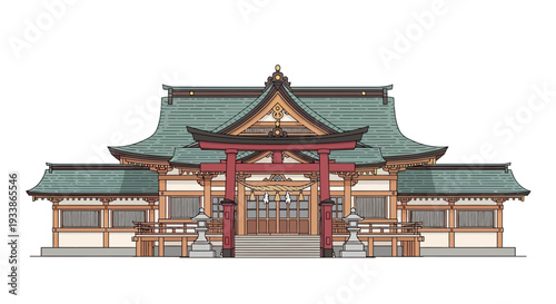 Traditional Japanese Shrine Architecture with Torii Gate