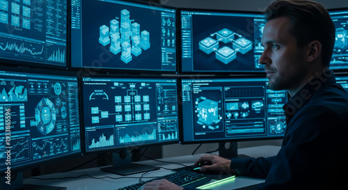 Man analyzing data on multiple computer screens in a dark room with blue glow monitoring and controlling digital information