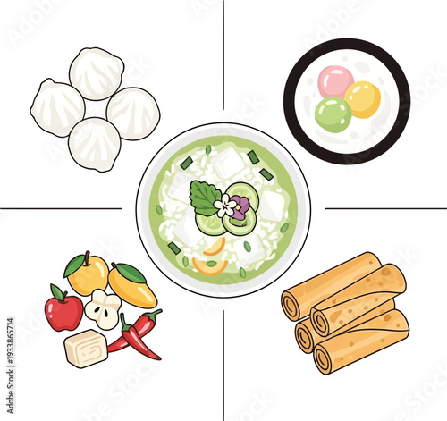 Thai dessert and appetizer assortment with mango sticky rice and spring rolls plus colorful sweet dumplings in coconut