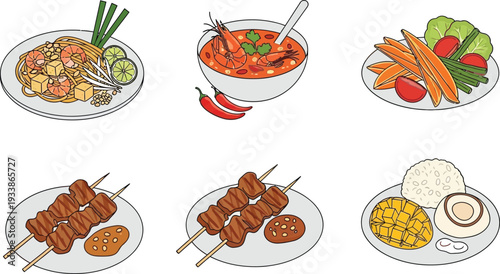 Thai cuisine collection with pad thai tom yum soup vegetable stir-fry chicken satay and mango sticky rice