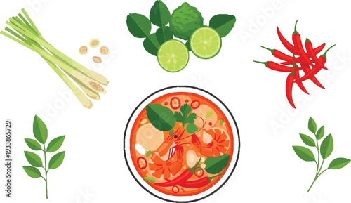 Thai food tom yum soup ingredients lemongrass lime chili leaves seasoning fresh herbs spicy dish