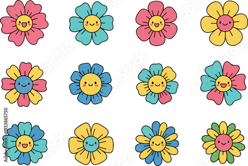 A collection of colorful cartoon flowers arranged in a grid pattern on a clean background from a straightforward viewpoint.
