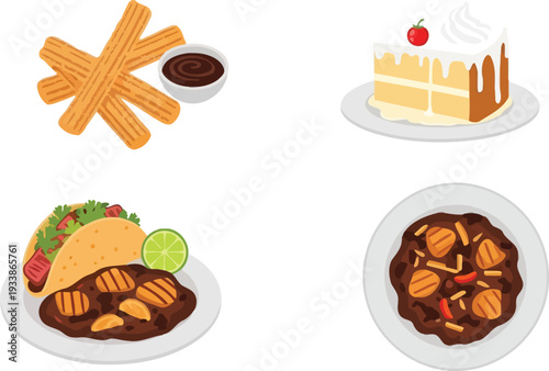 Traditional mexican food collection featuring churros with chocolate taco and mole poblano dishes for dining concepts