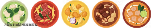 Top view collection of five different thai food bowls with curries and noodles in flat illustration style