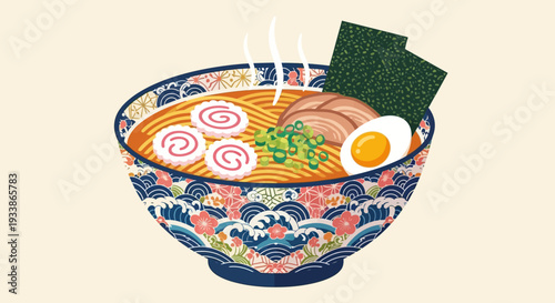 Delicious Ramen Bowl with Traditional Japanese Design