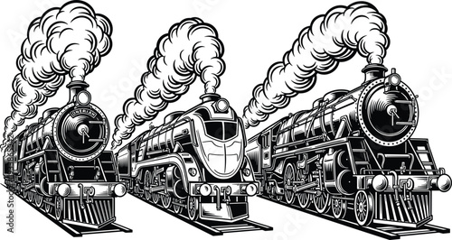 Vintage Steam Locomotive Train Set Black and White Engraving Vector Illustration
